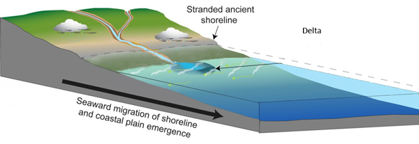 Sedimentary deposition in a marine environment of intermediate water depth.